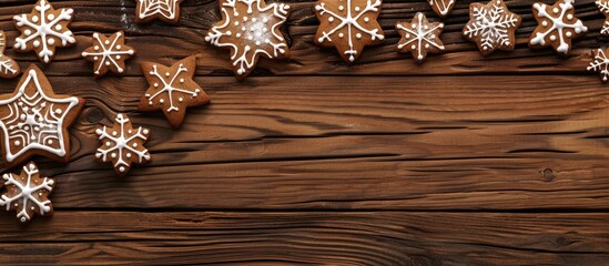 Fototapete - Christmas themed homemade gingerbread cookies on a wooden backdrop with a blank copy space image for text Featuring snowflake and star shaped treats Ideal for holiday greetings or cooking related desi