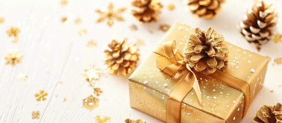 Aufkleber - Christmas gift wrapped in gold ribbon adorned with golden pine cones on a white backdrop provides a festive visual ideal for a copy space image