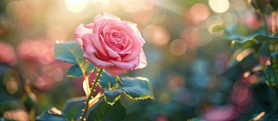 Poster - Daylight illuminates a beautiful pink rose blooming in a garden ideal for Valentine s Day or special anniversary themed copy space images