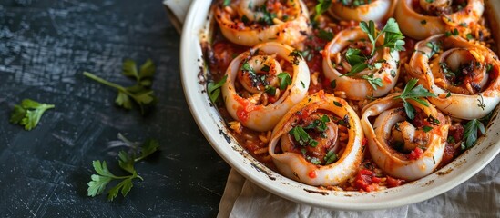 Poster - Copy space image of calamari filled with rice in a savory tomato sauce