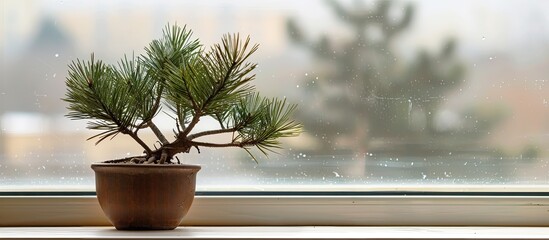 Poster - Black pine tree with sprouts positioned on a windowsill with copy space image
