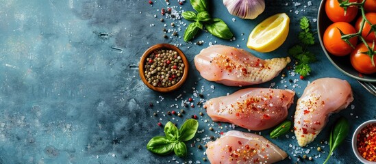 Poster - Top view of a chicken fillet surrounded by cooking ingredients on a blue concrete kitchen table featuring copy space image