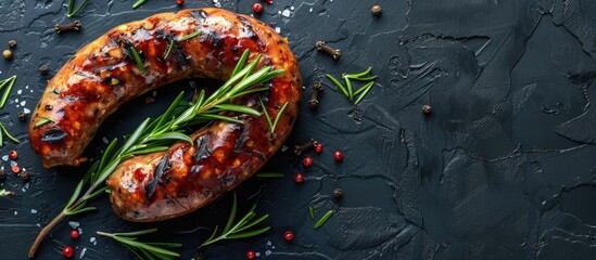 Aufkleber - Top view of a baked pork sausage garnished with rosemary and assorted spices with free copy space in the image