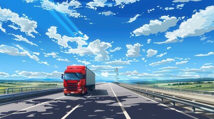 Poster - A red semi-truck drives on a highway with a blue sky and fluffy white clouds. The road stretches out into the distance, disappearing into the horizon. Generative AI