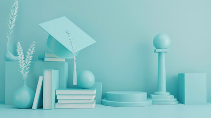 Wall Mural - Mockup for digital graduate certificate with book and graduation hat. 3d style. Pastel blue colors. Generative AI