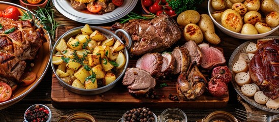 Poster - Delicious assortment of meat dishes with potatoes and veggies served in a top rated European restaurant showcasing a delightful variety of pork beef chicken and mutton. Creative banner