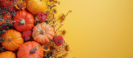 Poster - Autumn and Halloween themed flat lay composition featuring pumpkins and dried flowers on a yellow background ideal for fall harvest Thanksgiving Halloween or anniversary invitation cards with copy spa