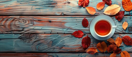 Wall Mural - Autumn leaves decorate a wooden background next to a cup of tea providing a cozy vibe in an inviting copy space image