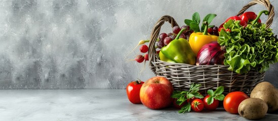 Poster - Basket containing a variety of fresh fruits and vegetables placed on a gray table with a blank space for an image. Creative banner. Copyspace image