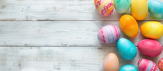 Fototapete - Colored Easter eggs on white wood background with space for text or image. Creative banner. Copyspace image