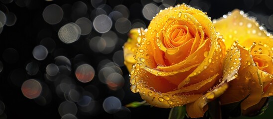 Wall Mural - Close up image of Double Delight rose on black backdrop with white bokeh showcasing its yellow heart and raindrop covered petals in selective focus ideal as a copy space image