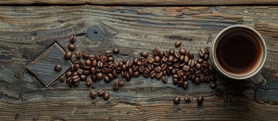 Poster - Coffee beans arranged in the shape of an arrow pointing towards a cup of drink on a wooden backdrop with copy space image