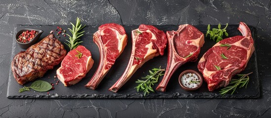 Poster - Different types of beef steaks like ribeye tomahawk and T bone displayed on a stone background with copy space image