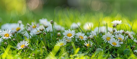 Poster - A close up side view of blooming common daisies Bellis perennis on a green lawn with a blurred natural background suitable for copy space image