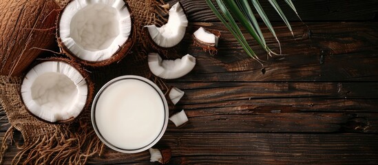 Poster - Coconut pieces and fresh coconut milk displayed on a dark wooden surface with copy space image