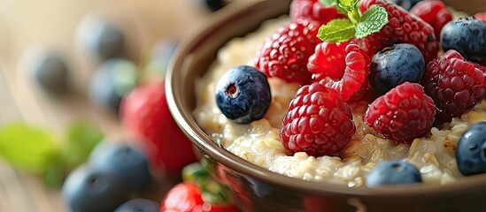 Aufkleber - A bowl of oatmeal porridge topped with colorful fresh berries is featured in the copy space image