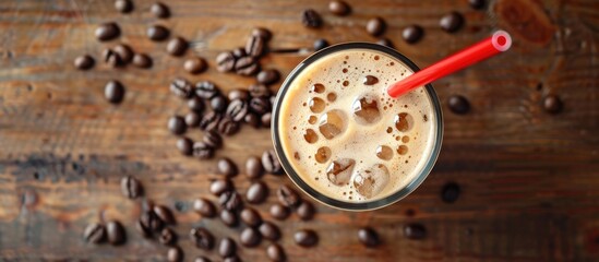 Leinwandbilder - Cold summer drink with a red straw on a wooden table coffee beans in the backdrop above view with detailed flat lay showcasing the copy space image