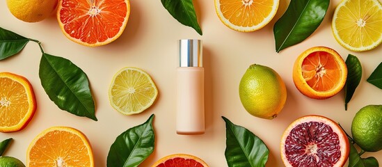 Poster - A cosmetic tube surrounded by vibrant citrus fruits lush green leaves on a beige backdrop perfect for showcasing organic beauty products with a vitamin C theme in a copy space image