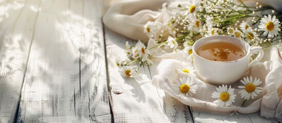 Canvas Print - Close up of chamomile herbal tea in a cup on a white wooden table with a chamomile bouquet showcasing a copy space image for the natural healer concept and promoting herbal immunity tea