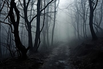 Poster - Dark forrest landscape fog outdoors woodland.