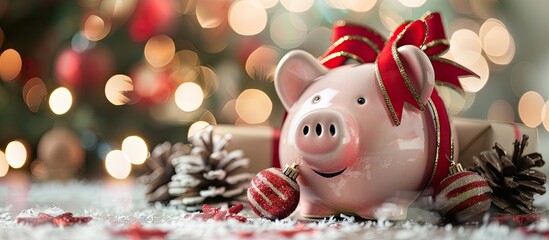 Poster - Bringing together money in a piggy bank for the holiday season and Christmas with room for additional text or images