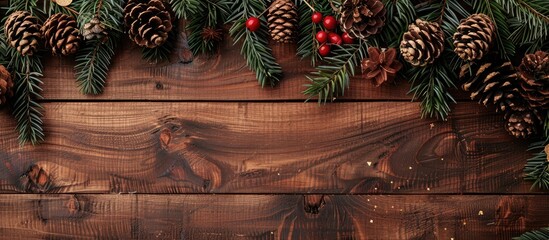 Poster - A Christmas decor viewed from above on a wooden backdrop perfect for a copy space image