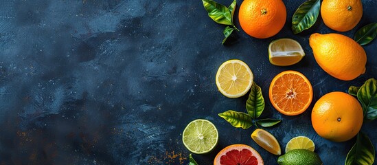 Poster - Assorted citrus fruits with leaves creating a fresh and vibrant copy space image Includes orange grapefruit lemon lime and tangerine Perfect for healthy eating and vegetarian diet themes