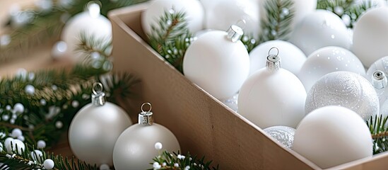 Poster - A box filled with white Christmas balls ideal for a copy space image