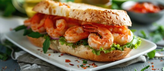 Aufkleber - A delicious sandwich featuring shrimp on a white plate is showcased in the image. Creative banner. Copyspace image