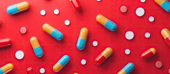 Aufkleber - A creative concept featuring a colorful pattern of gelatin medicine capsules on a red background with space for adding an image. Creative banner. Copyspace image