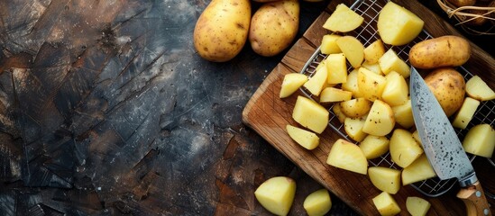 Aufkleber - Chopped raw potato with a knife on a cutting board next to a potato in a fry basket with copy space image