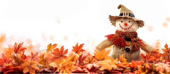 Poster - Autumn themed scene featuring fall leaves and a scarecrow on a white background with copy space image