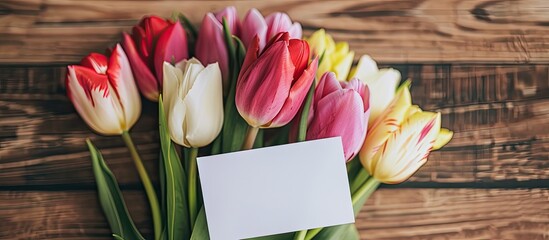 Aufkleber - A bouquet of tulips displayed with an empty paper card on a wooden background with copy space image