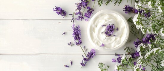 Poster - Cosmetic cream with lavender and thyme leaves on a white wood table with copy space image