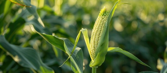 Poster - Close up view of green maize corn in a summer farm setting with just picked corn on the cob providing a vibrant copy space image