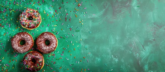 Poster - Delicious chocolate donuts with sprinkles on a vibrant green surface Unhealthy yet tasty treats with a copy space image available Top down perspective