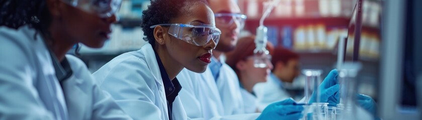 Wall Mural - Scientists Conducting Research in a Modern Laboratory with Advanced Equipment and Protective Gear