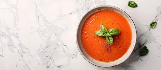 Poster - Cold gazpacho soup in a bowl on a light stone background with ample copy space image promoting a healthy food concept