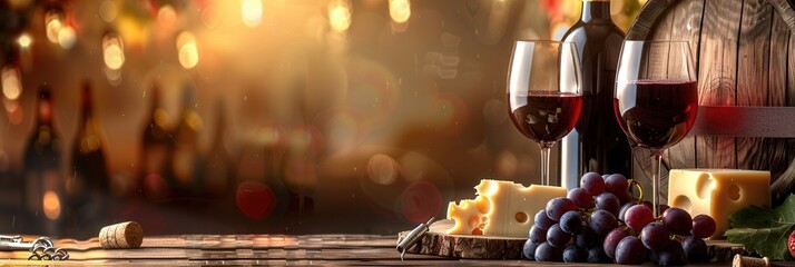 Aufkleber - Two glasses of red wine, a bottle, a wedge of cheese, and grapes on a wooden table with a warm, inviting ambiance. Generative AI