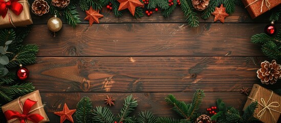 Poster - A Christmas decor viewed from above on a wooden backdrop perfect for a copy space image