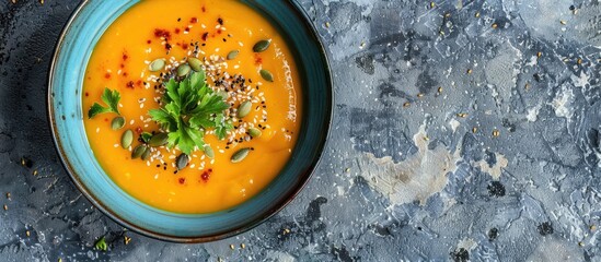 Aufkleber - A blue bowl containing butternut cream soup garnished with seeds presented in a top view on a grey stone background with copy space image