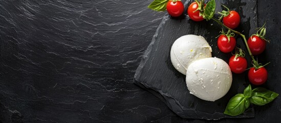 Poster - Cherry mozzarella cheese on black wood viewed from above with free copy space image