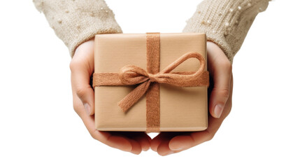 Top view gift box in woman hand isolated on transparent and white background.PNG image.