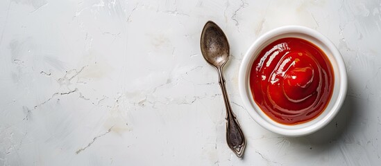 Aufkleber - Top down view of a bowl and spoon containing organic ketchup on a white table offering copy space for text alongside the tomato sauce image