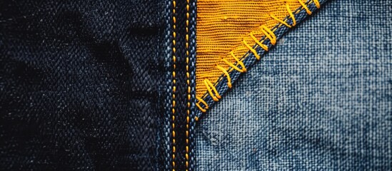 Aufkleber - View from above of denim fabric with a prominent double yellow seam creating a captivating background texture perfect for copy space image