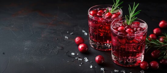 Poster - Alcoholic drink consisting of a cranberry and rosemary cocktail served in two glasses on a dark background with copy space image