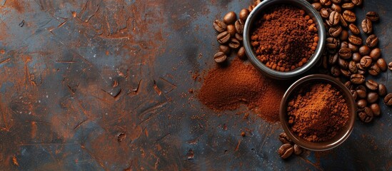 Aufkleber - Top view of a coffee cup beans and ground powder on a stone background with copy space image