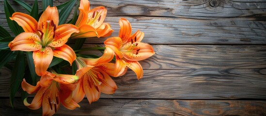 Sticker - Close up of Lily flowers on a wooden background with copy space image