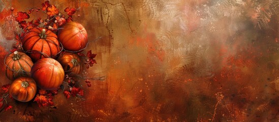 Poster - A bountiful autumn theme with decorative pumpkins symbolizing Thanksgiving and Halloween against a festive backdrop perfect for a copy space image