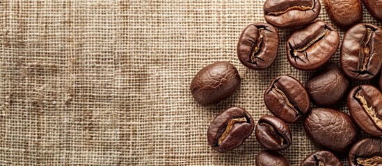 Poster - Coffee beans roasted with a linen fabric background providing an ideal copy space image